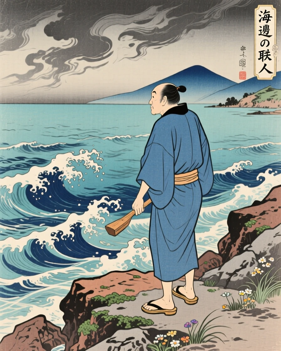 A craftsman gazing at a stormy sea from a rocky shore.