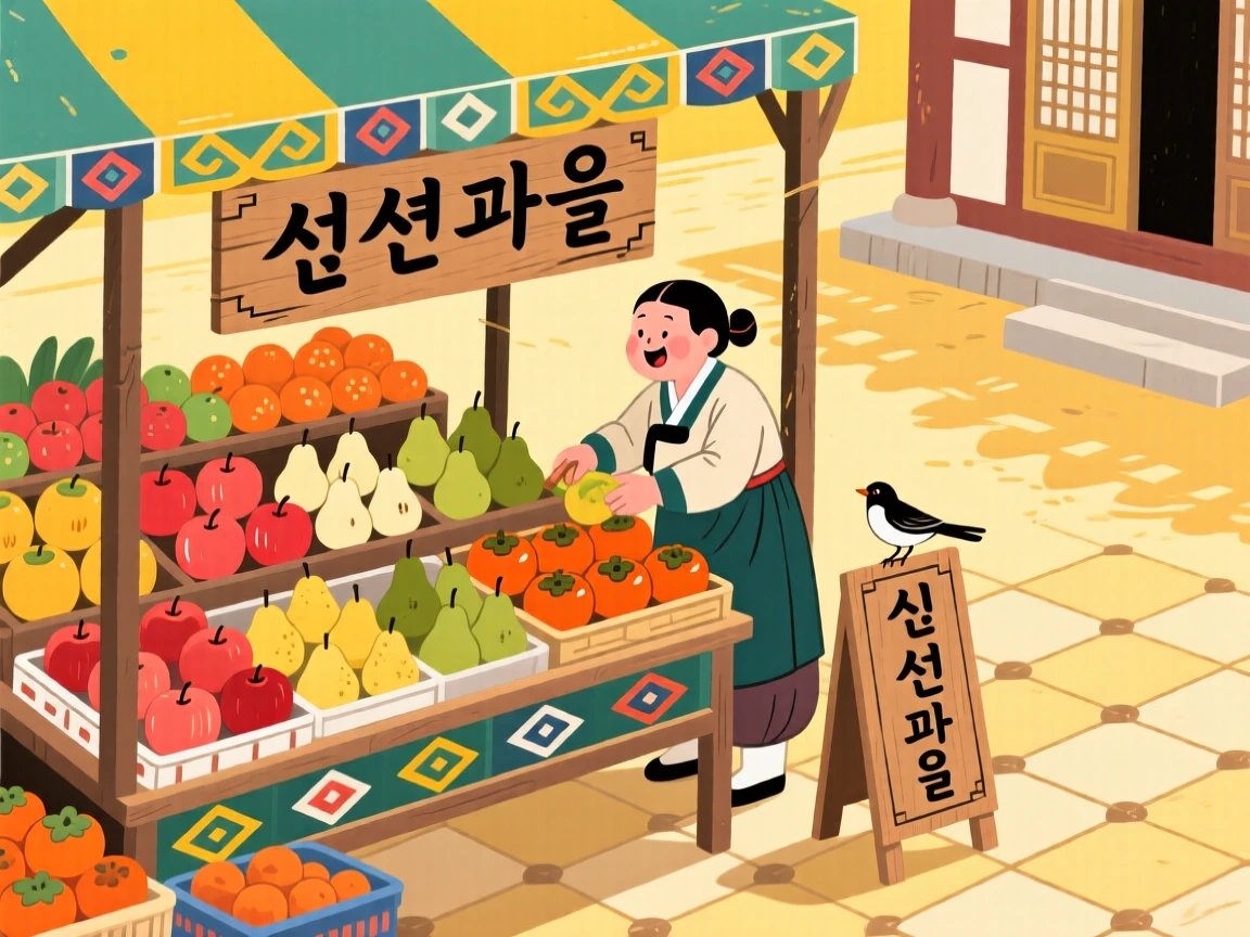A market vendor arranging fresh fruit at a stall, in a sunlit courtyard.