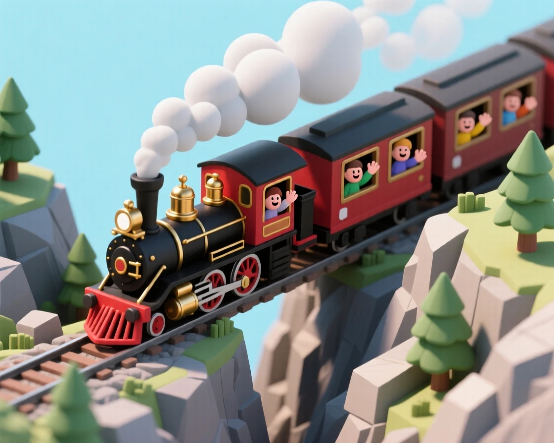 A steam locomotive chugging through a mountain pass, plumes of smoke trailing behind, and passengers waving from open windows.