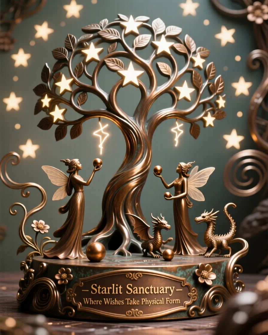 A starlit sanctuary where wishes take physical form, with intricate, fantastical detail throughout, transporting the viewer to another world