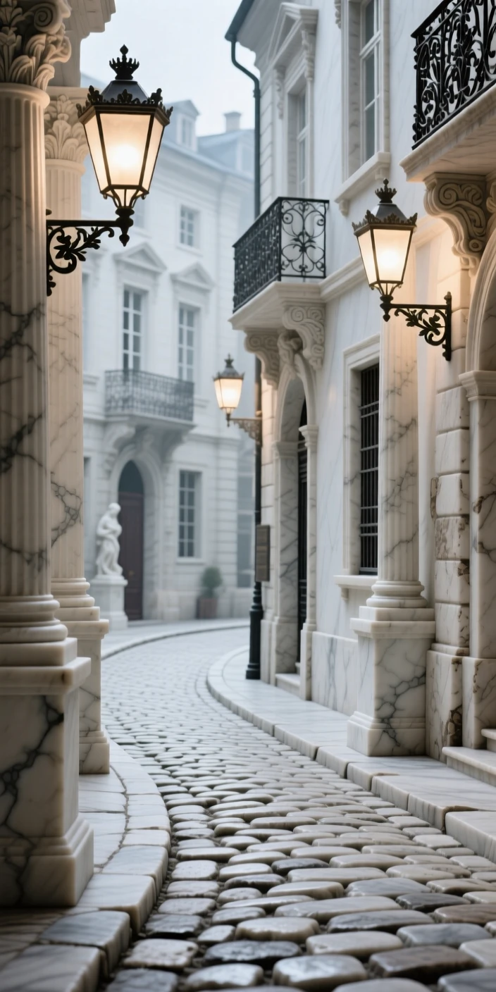 A striking, atmospheric depiction of a quiet cobblestone street lined with lanterns, showcasing timeless elegance and grandeur
