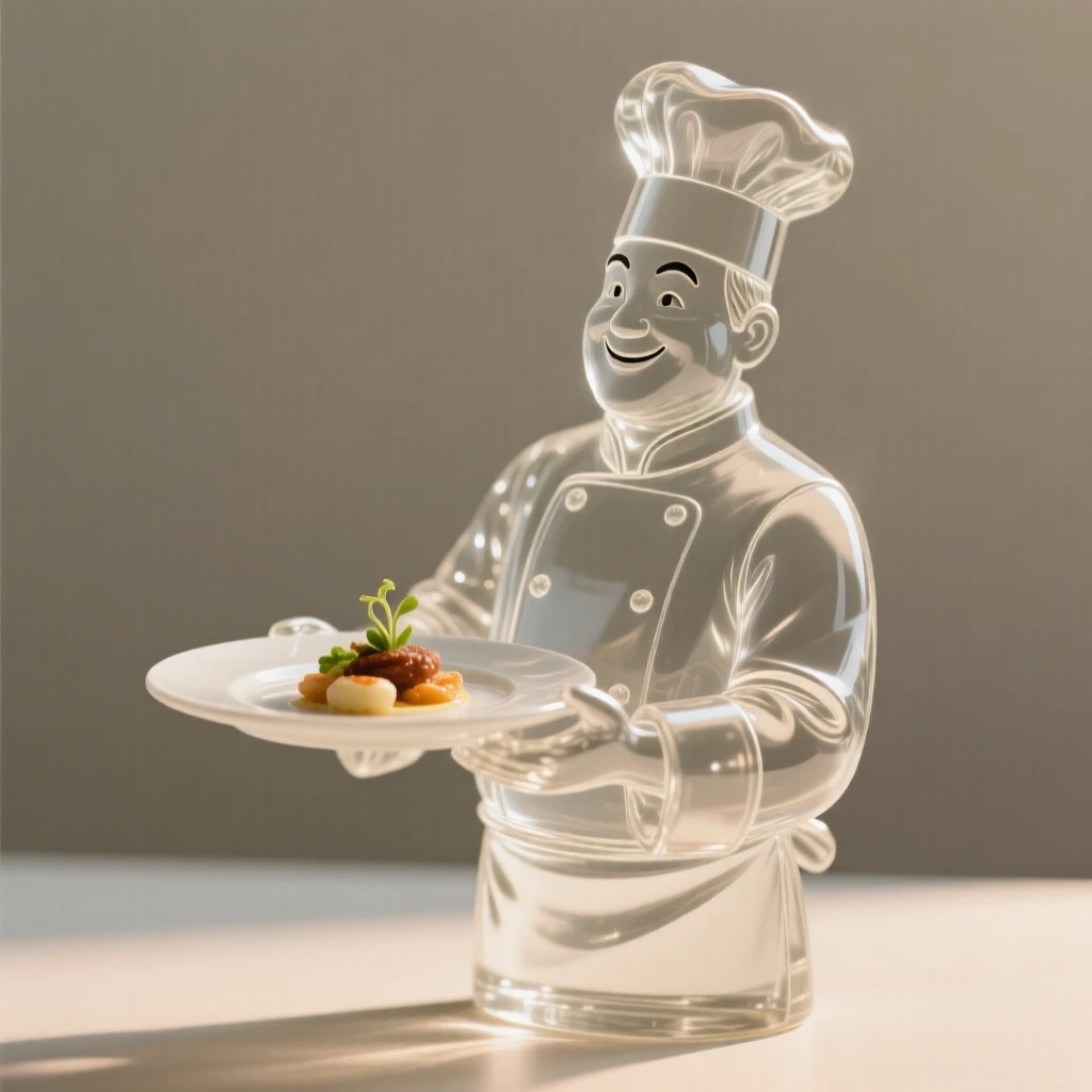 A chef proudly presenting a finished dish, softly lit by warm natural light, shallow depth of field isolating the subject, expression full of genuine emotion.