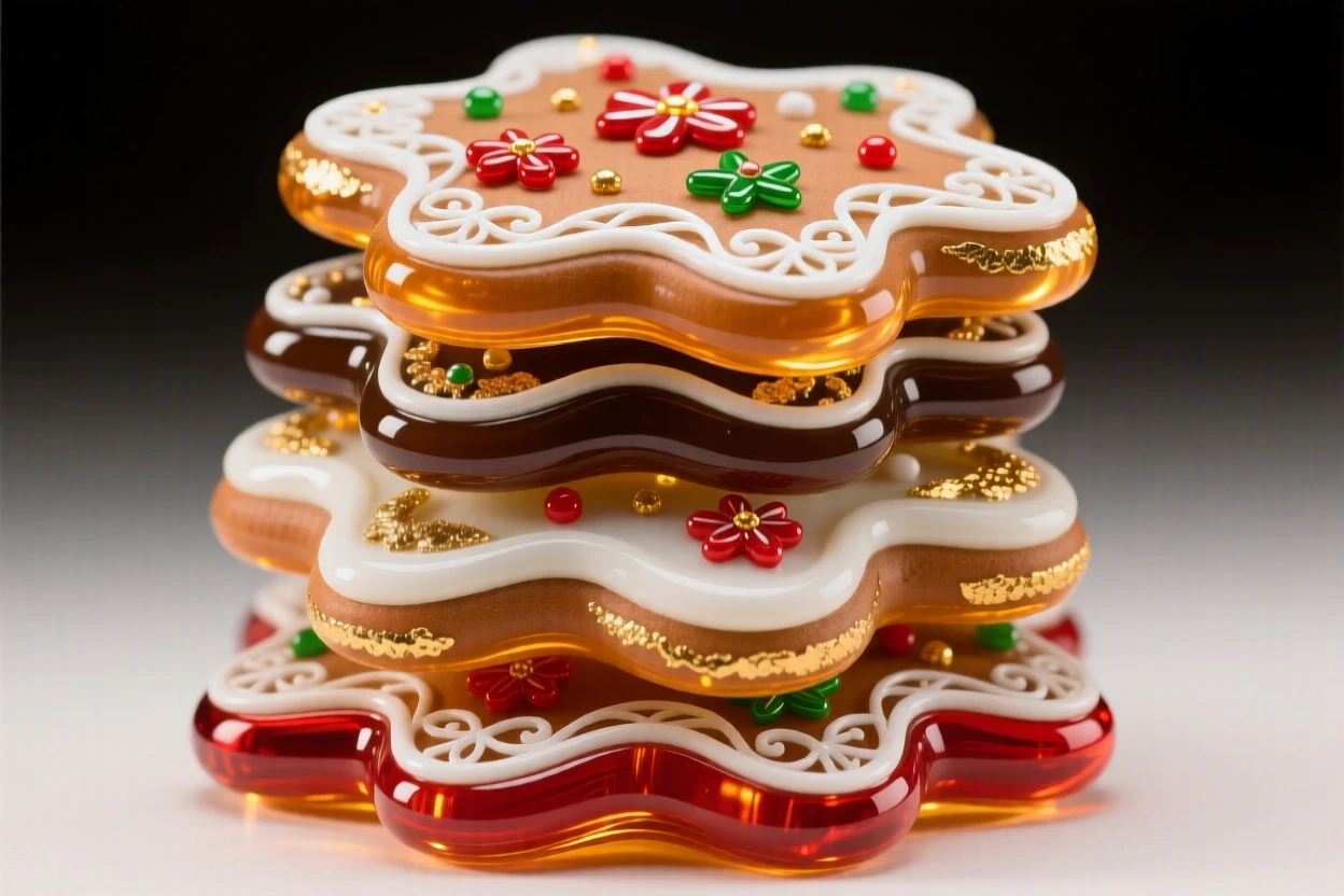 A stack of gingerbread cookies decorated for the holidays, festive and cheerful.