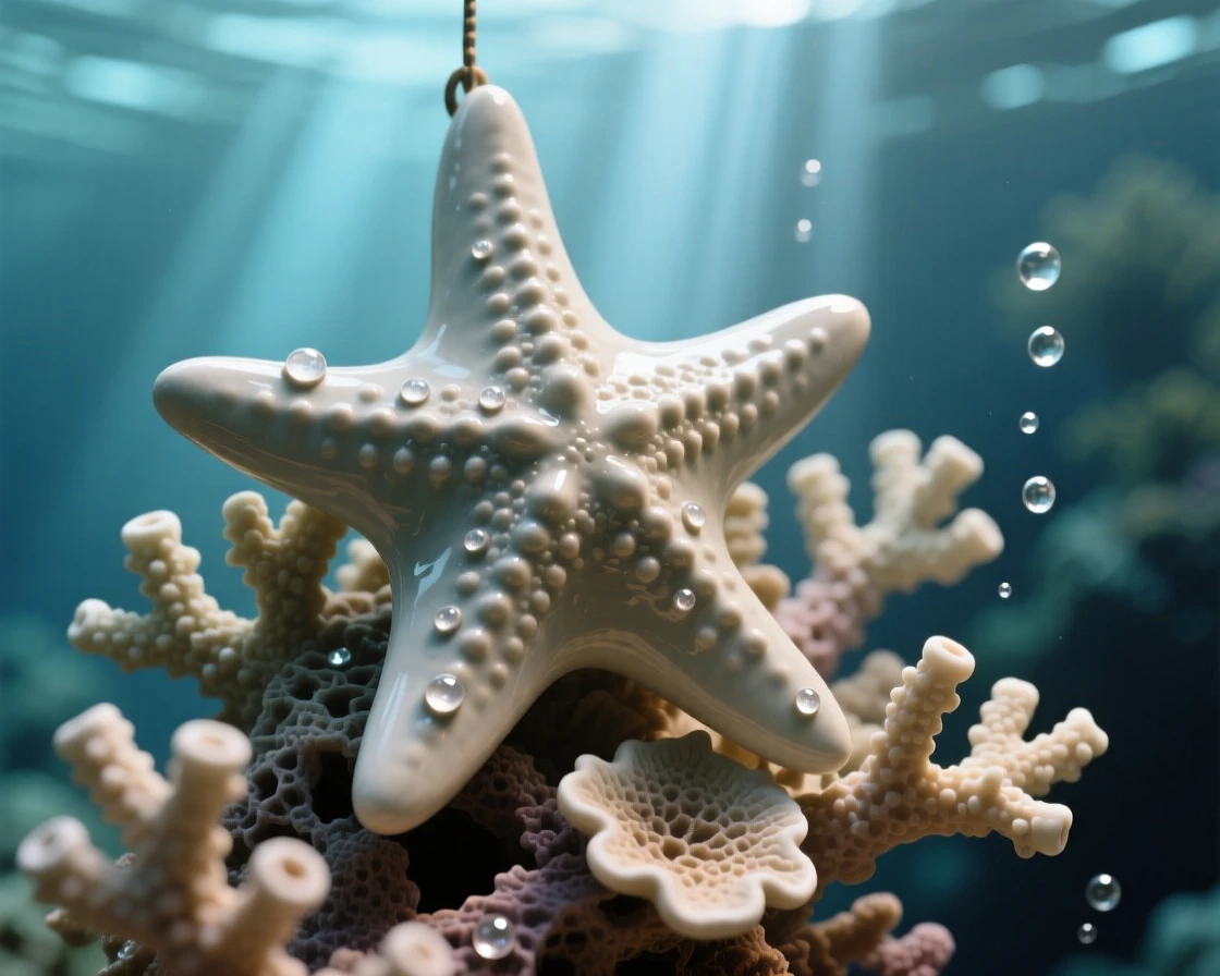 A starfish resting on a bed of coral suspended in a shaft of filtered sunlight, dotted with tiny, glimmering droplets, capturing a fleeting moment of underwater grace.