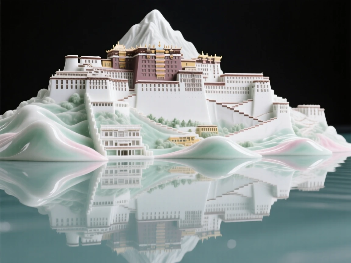 A grand view of a mountaintop monastery, reflected perfectly in still water.