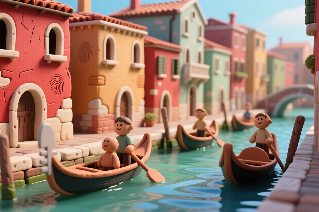 A Venetian canal lined with colorful buildings and gondolas