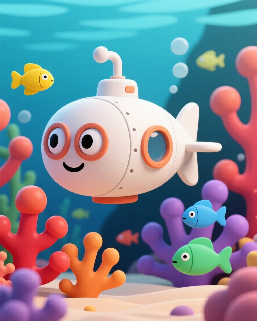 A happy submarine character with round porthole eyes explores a coral reef bustling with colorful fish.