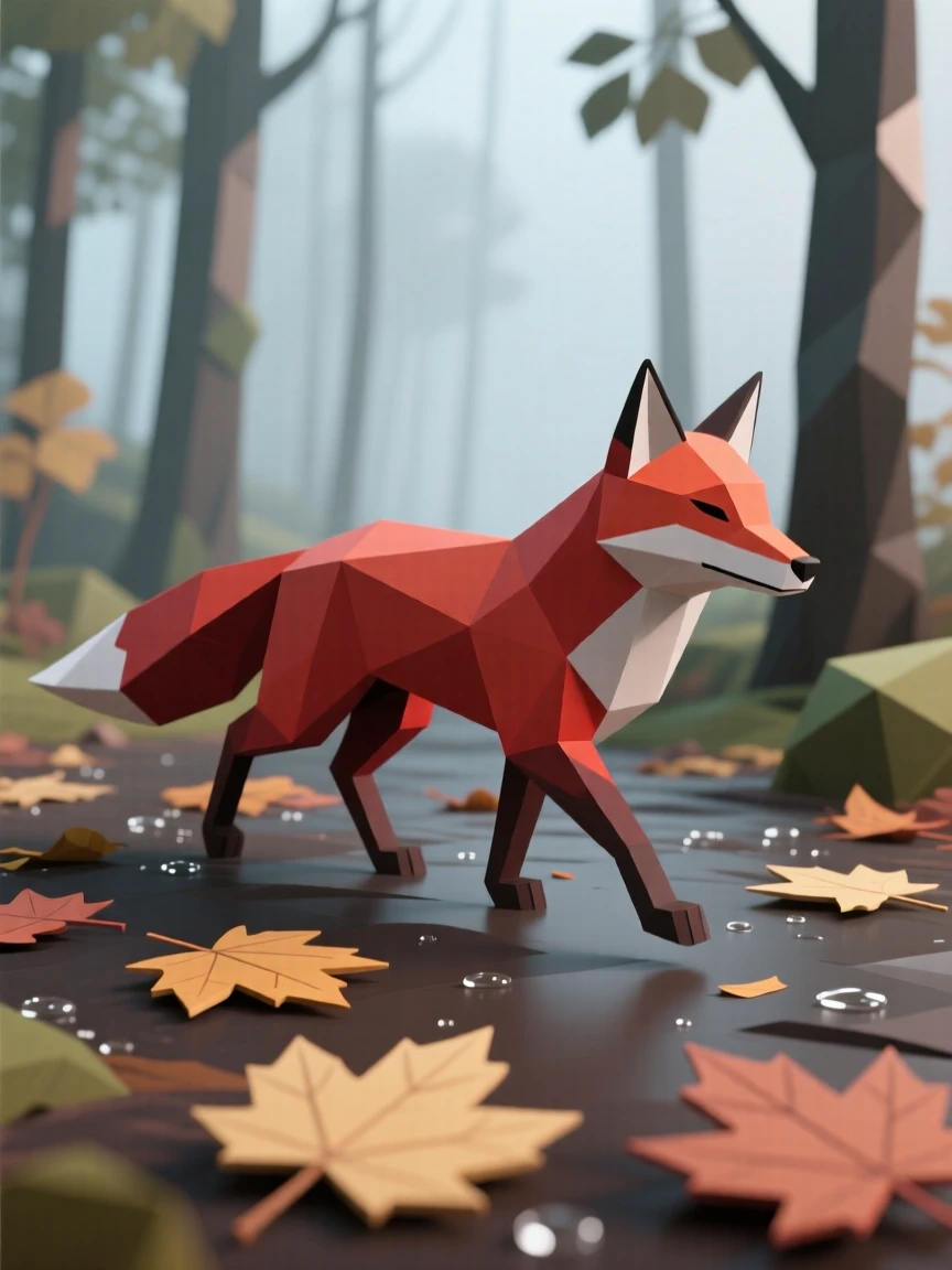 A red fox walking through fallen autumn leaves, in a quiet, dew-covered forest. the background gently blurs to keep focus on the subject. There is a sense of quiet wonder.