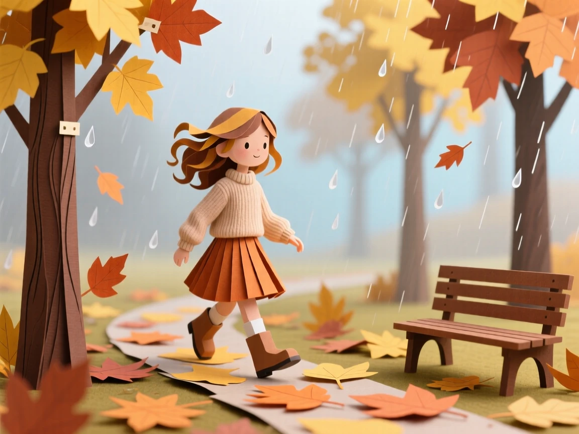A young girl walking through a golden autumn park, with gentle rain misting the air, conveying nostalgia and gentle happiness.