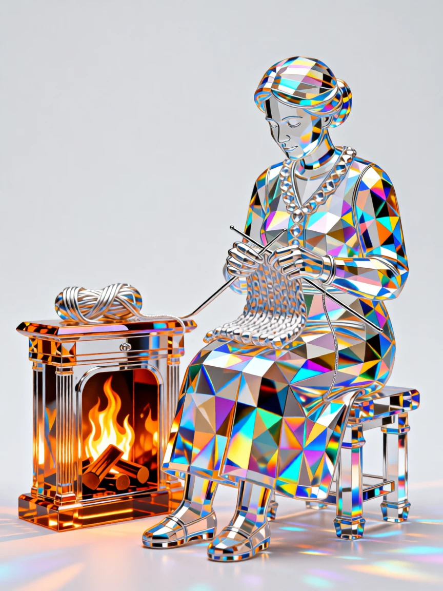 an elderly woman knitting by a crackling fireplace.