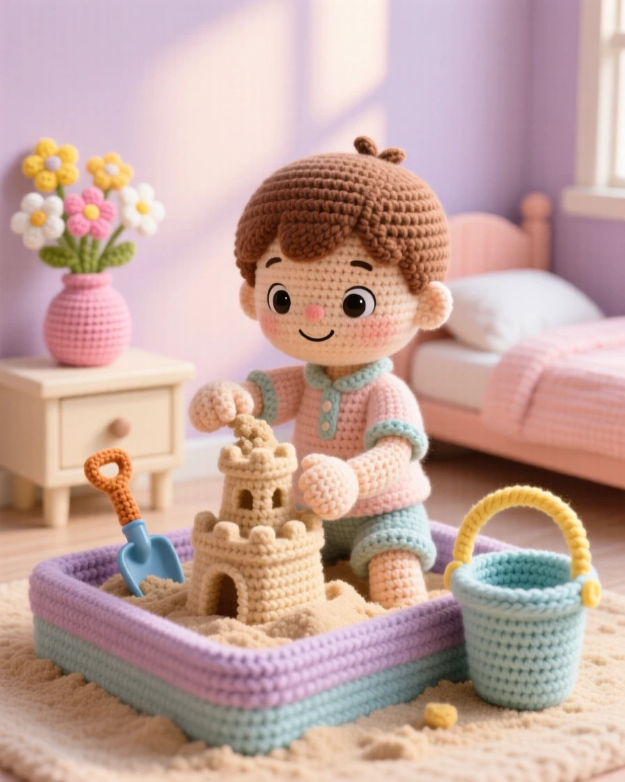 A tender everyday moment: a small boy building a sandcastle at home in a sandbox with a small bucket and shovel, patting the final tower into shape inside a sunlit bedroom with soft pastel walls; a small vase of fresh garden flowers completes the scene, full of a peaceful sense of home and belonging.