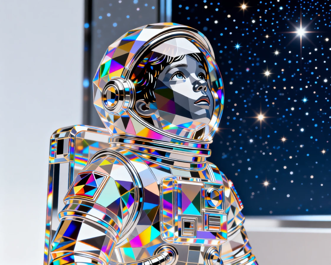 A young astronaut candidate gazing up in awe at a night sky full of stars.