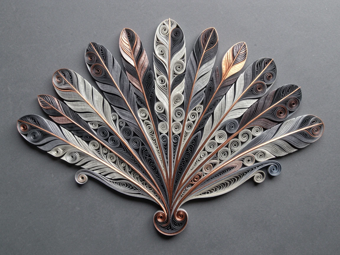 a fan-shaped arrangement of layered feathers, centered on a soft charcoal grey surface, composed with a strong central focal point, highlighted with metallic bronze accents.