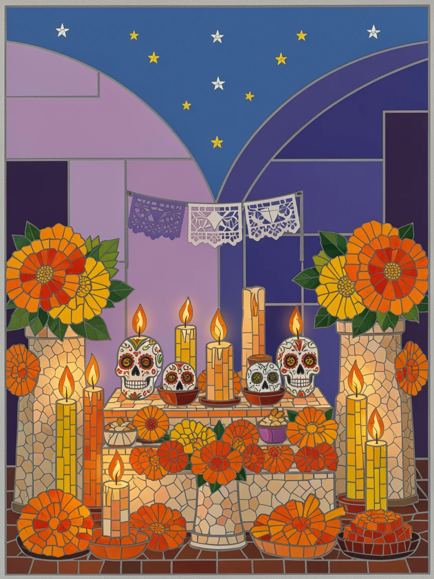 A Day of the Dead celebration with candlelit altars and marigold flowers.