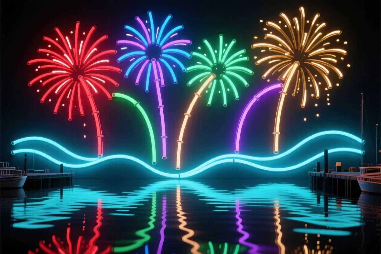 A fireworks display reflected in a calm harbor on a summer night.