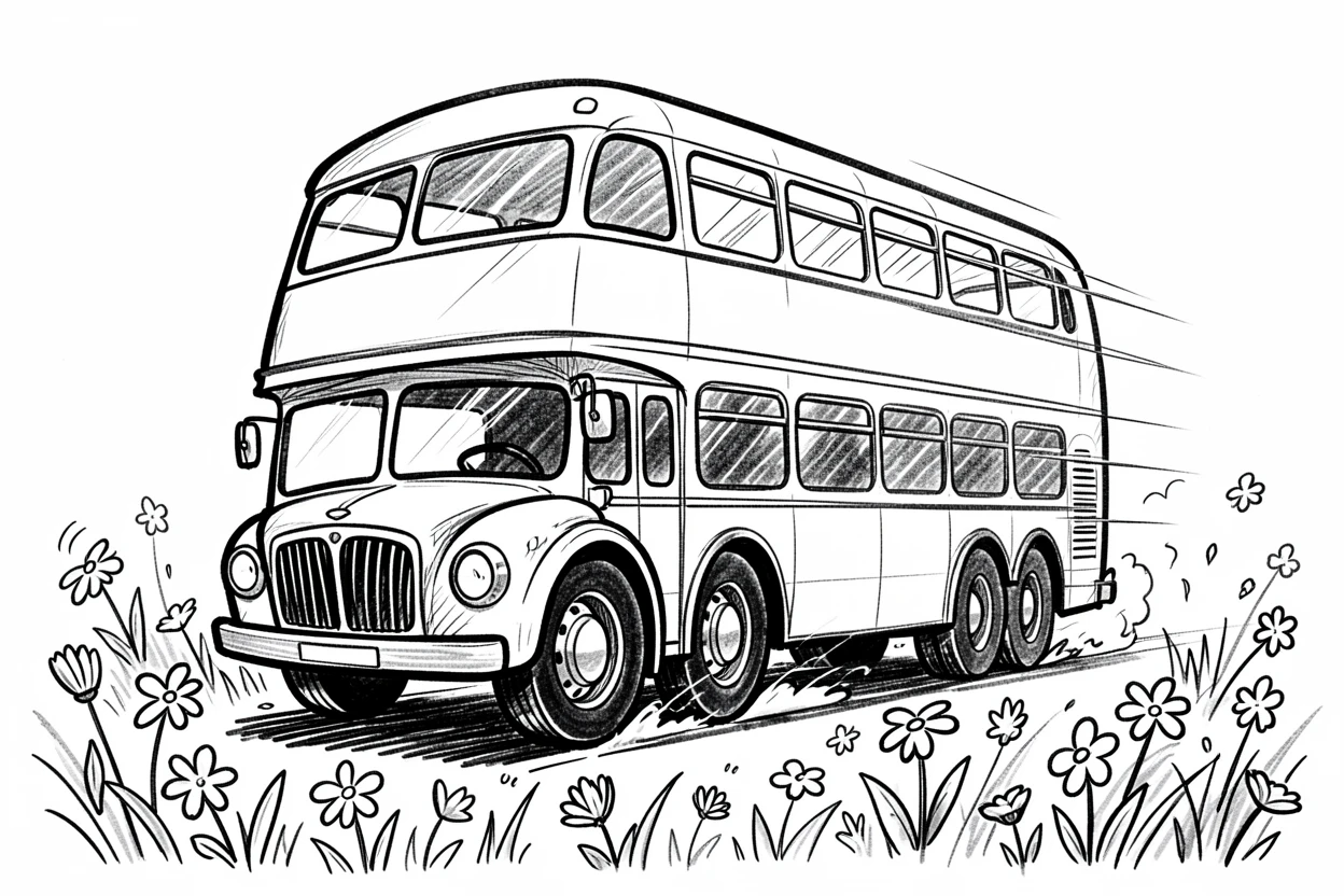 A classic double-decker bus rolling through a field of wildflowers.