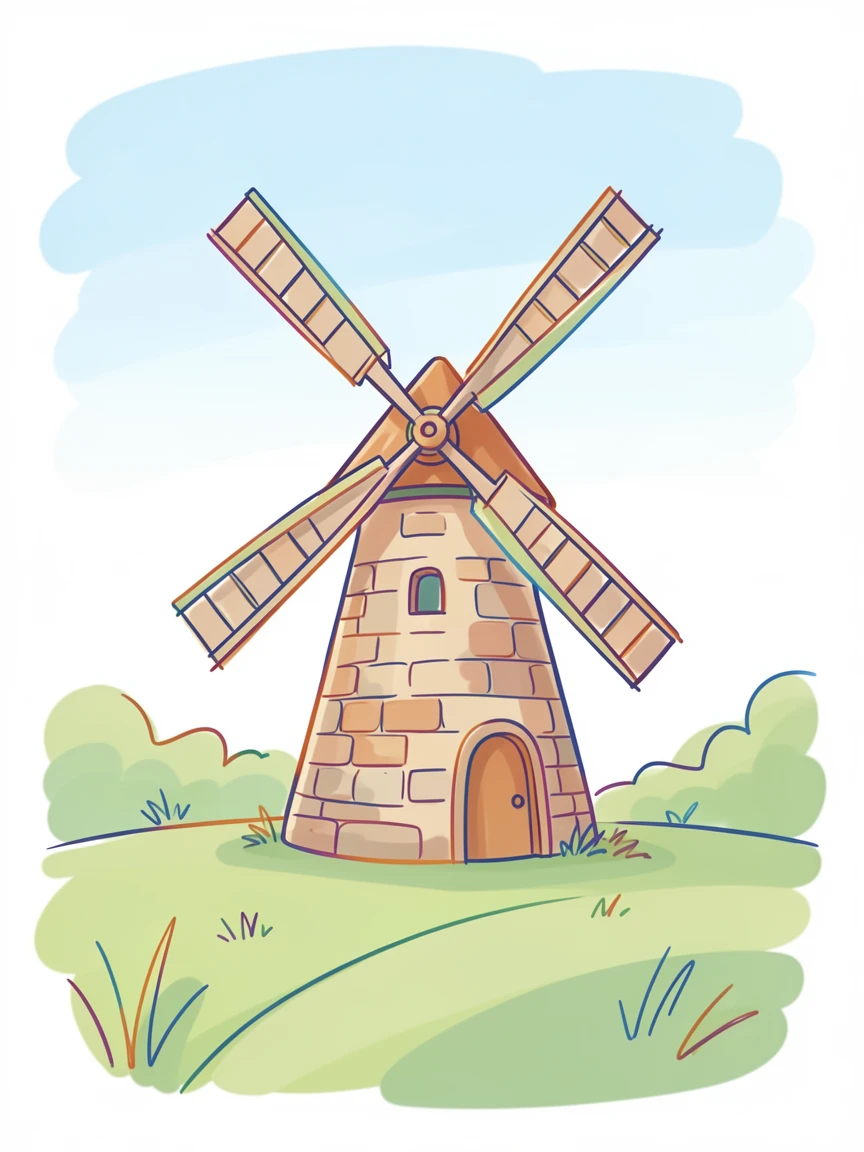 A rustic stone windmill standing alone in a green countryside field.