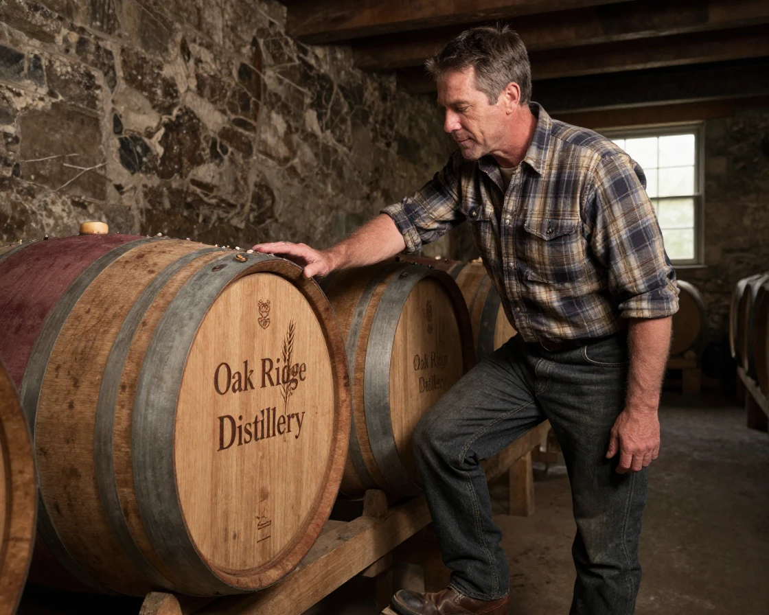 A whiskey distiller checking barrels in a dim cellar