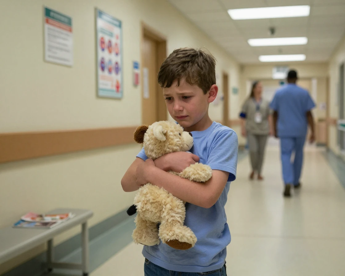 A child hugs a stuffed animal tightly while waiting in a hospital hallway with a worried but brave face.