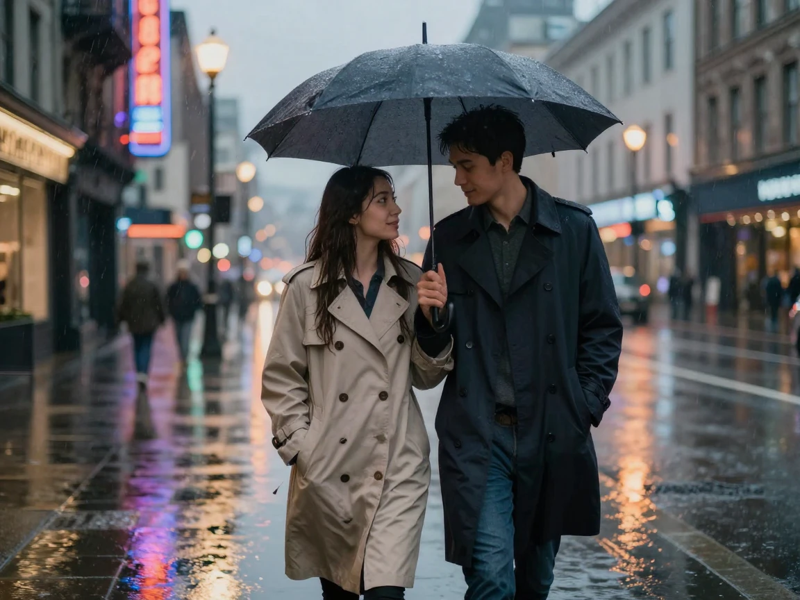 A young couple sharing an umbrella while walking through a rain-soaked city street