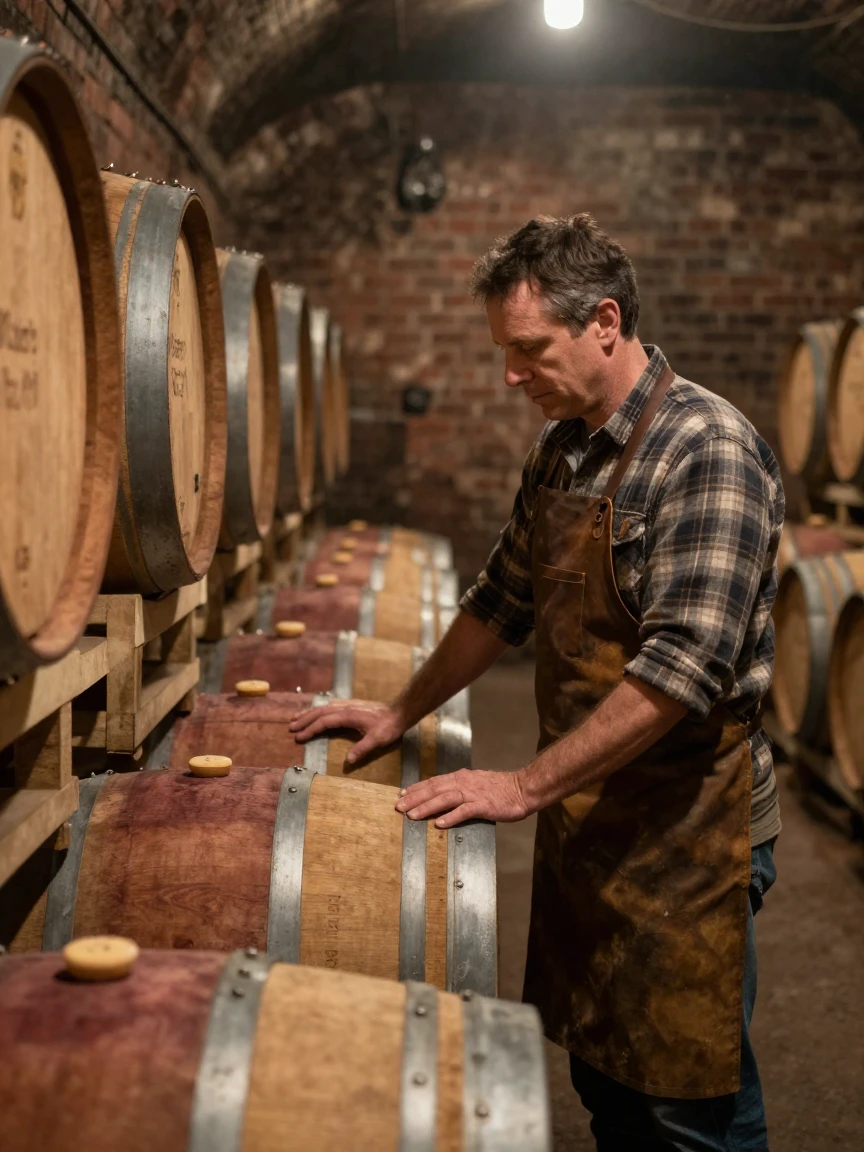 A whiskey distiller checking barrels in a dim cellar