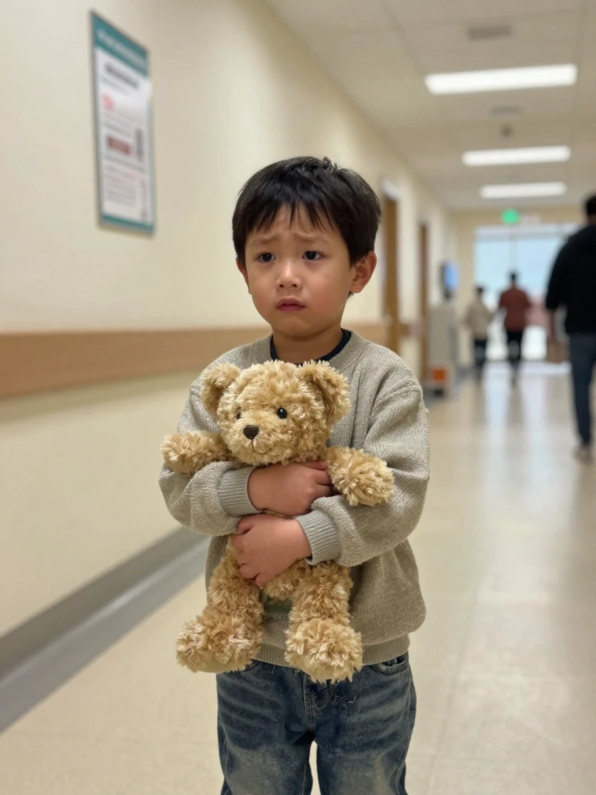A child hugs a stuffed animal tightly while waiting in a hospital hallway with a worried but brave face.
