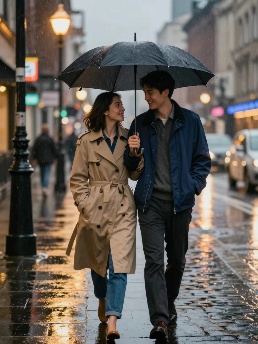 A young couple sharing an umbrella while walking through a rain-soaked city street