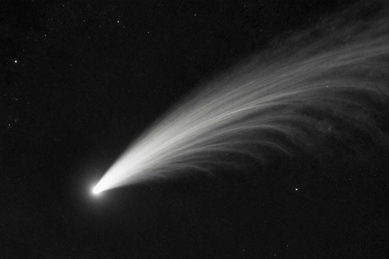 A comet streaks past with a glowing tail far beyond our solar system.