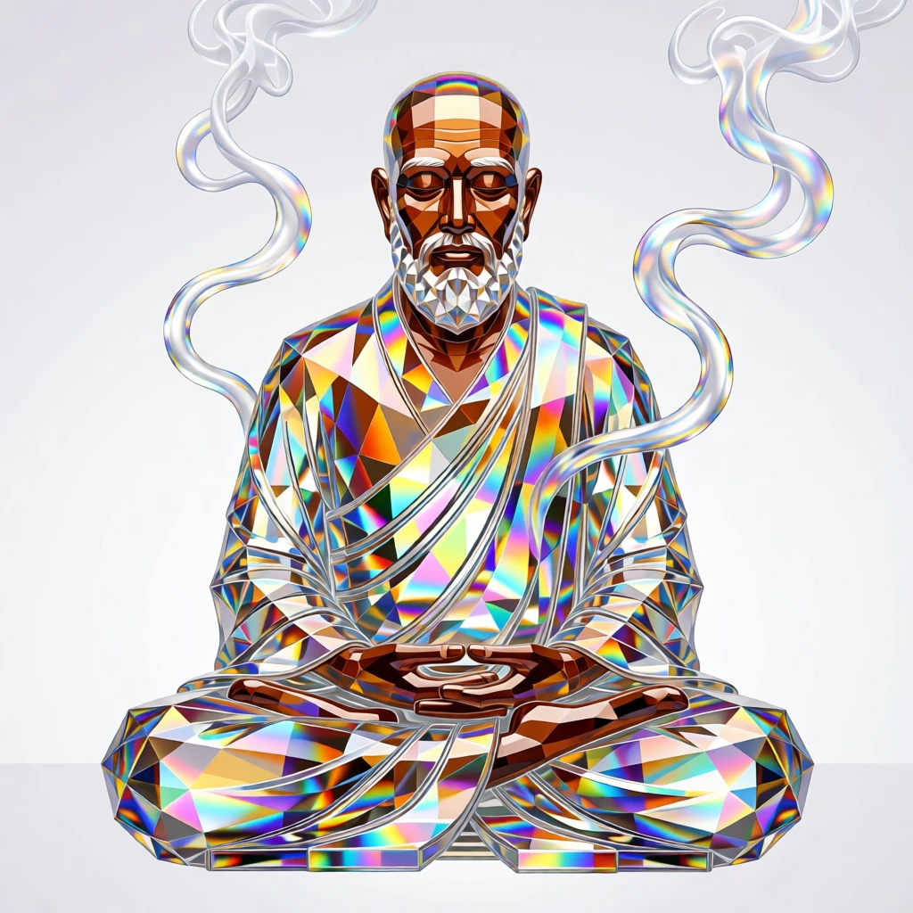A close portrait of an elderly monk in quiet meditation, incense smoke curling around him.