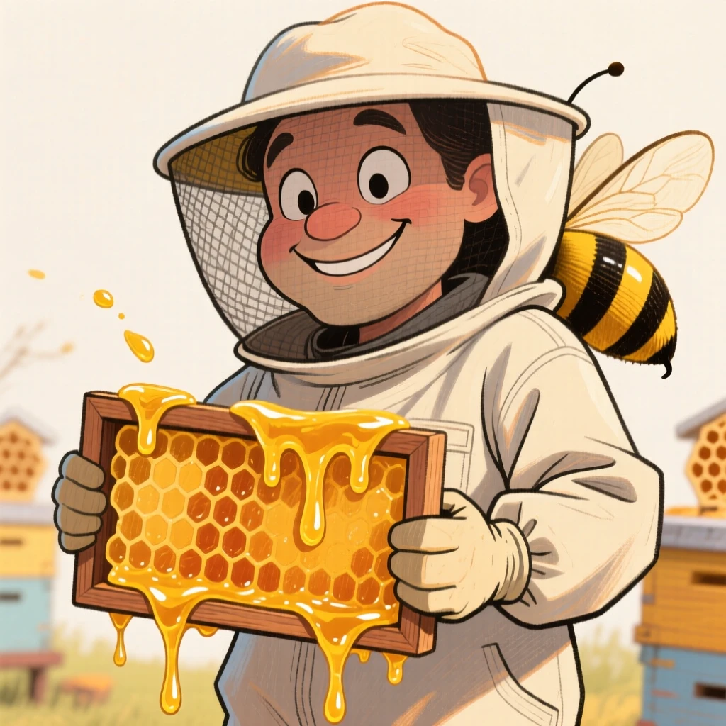 A beekeeper in full protective gear, calmly holding a frame dripping with honey.