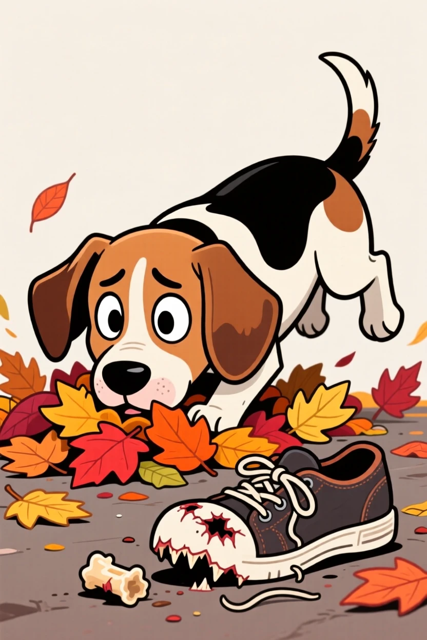 A playful pet moment featuring a goofy beagle puppy burying its face in a pile of fallen leaves, with a guilty look and a chewed-up shoe nearby.