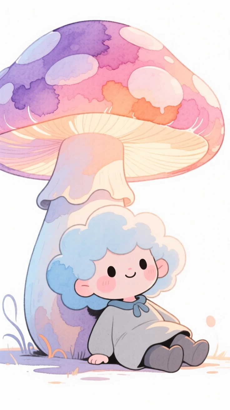 A cloud shepherd resting beneath a giant glowing mushroom