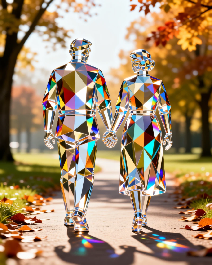 An elderly couple holding hands while walking along a quiet autumn park path.