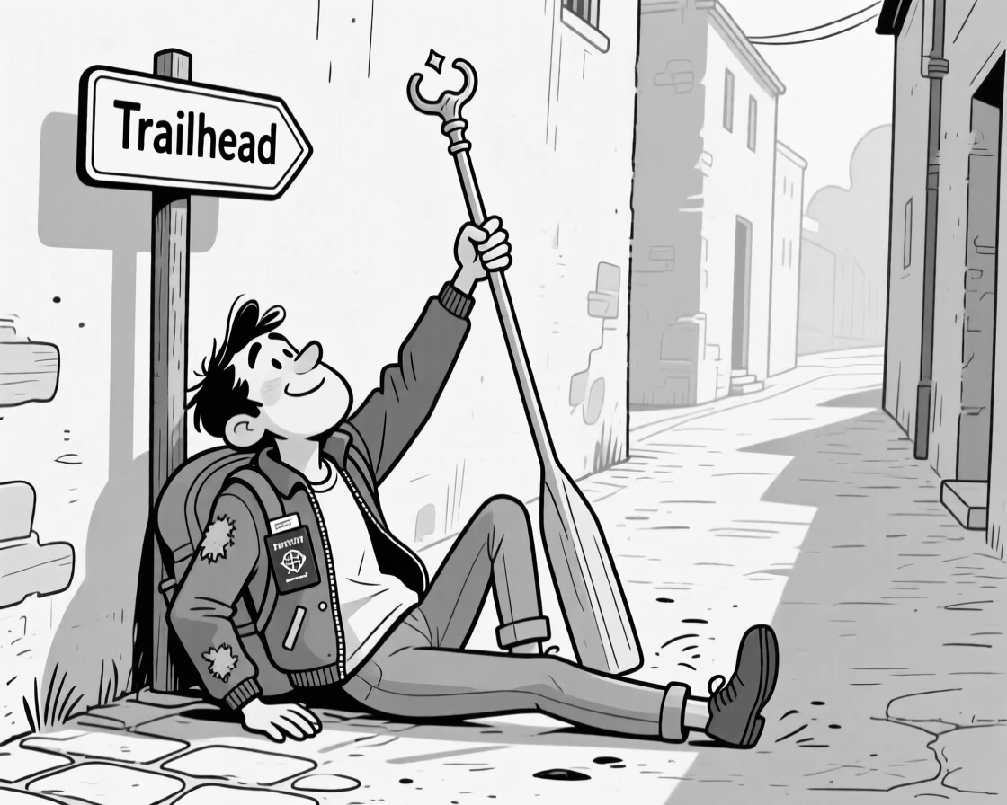 A hiker dramatically collapsing at the trailhead sign, gesturing grandly with one oar raised like a scepter, set puttering down a narrow, sun-baked alley. A worn passport peeks out of a jacket pocket. The image feels like a postcard brought playfully to life.