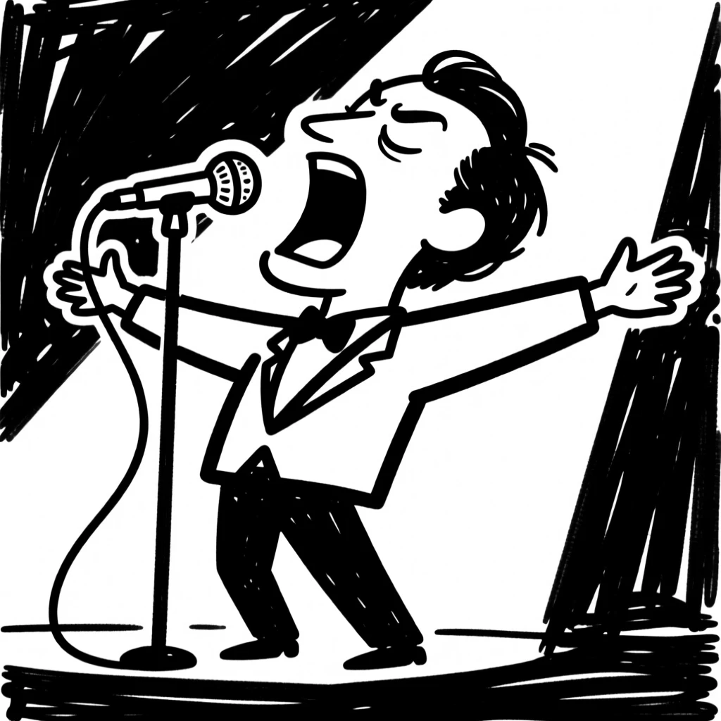 An opera singer hitting a powerful high note, arms spread wide on stage.