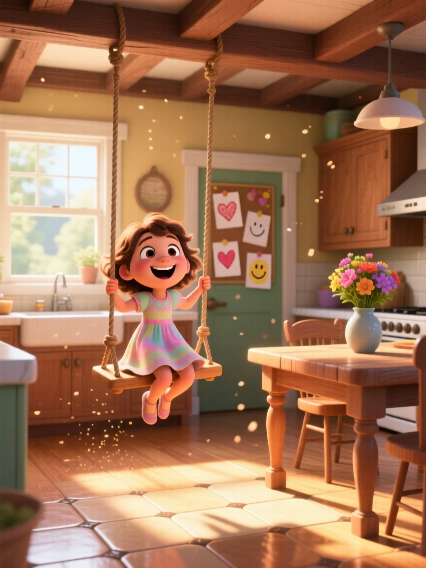 A young girl laughing on a swing unfolds inside a warmly lit family kitchen, with warm sunlight catching every smile. Pure joy and warmth radiate from the scene.