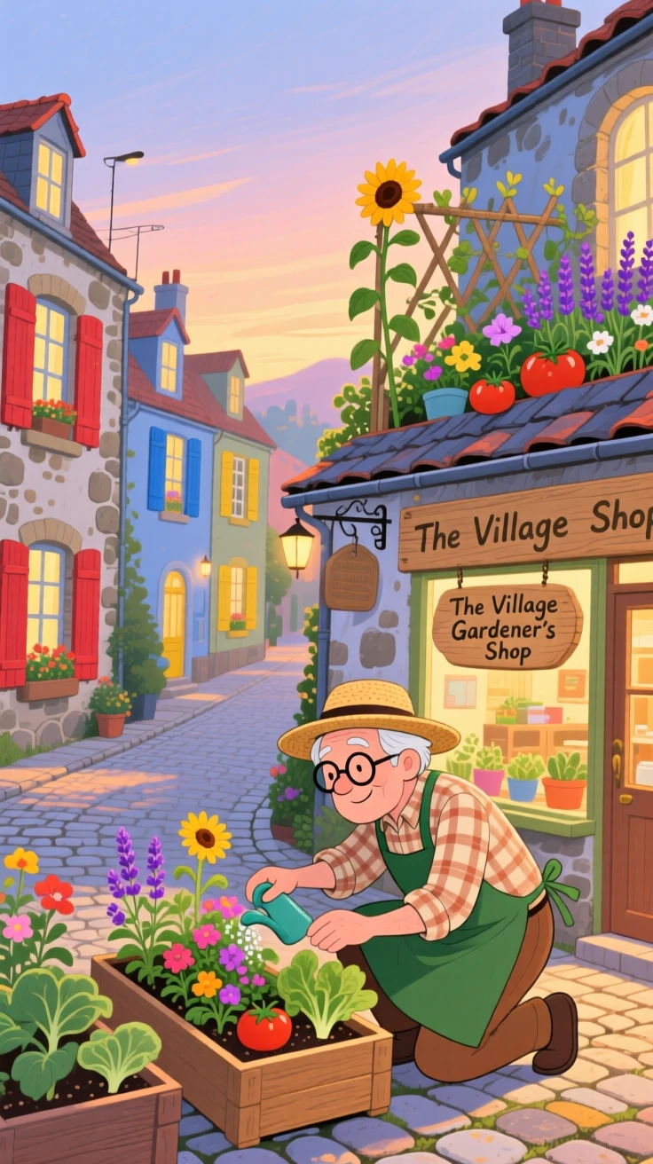In a cobblestone village street, an elderly gardener is busy tending a rooftop garden, with warm light spilling from every window.