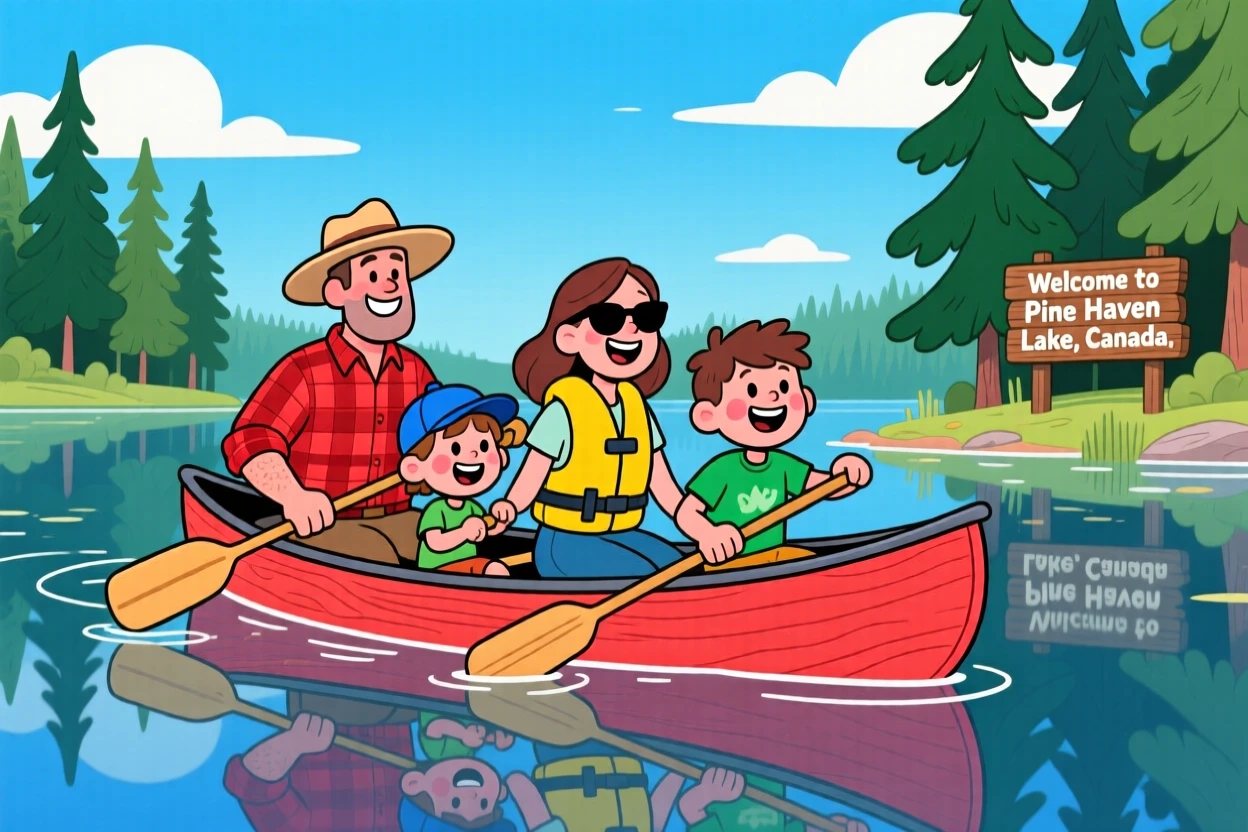 A family in Canada canoeing across a still lake surrounded by pines.
