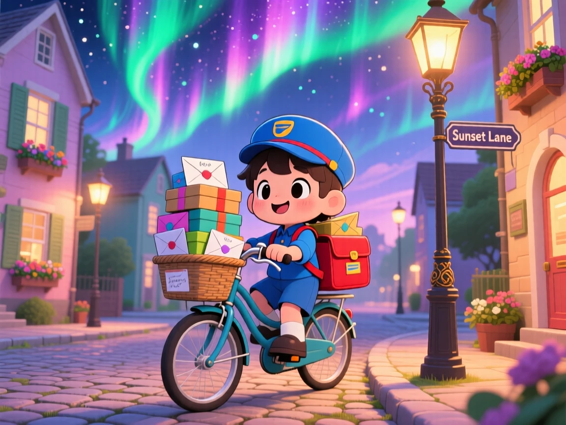A little postal carrier delivering a stack of letters by bicycle, framed as a three-quarter view within a cheerful small town street, beneath swirling aurora-lit skies, glowing under warm lamplight, evoking wide-eyed wonder.