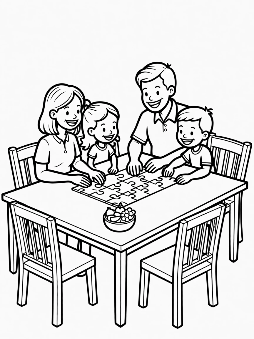A family doing a puzzle together at the dining table