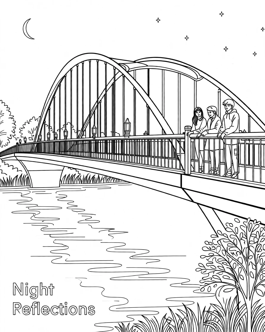 A bridge lit up at night reflecting in the river below, with a warm golden light bathing the scene.