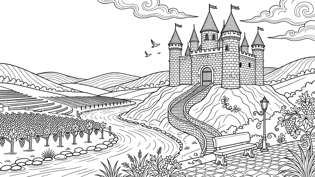 A hillside castle overlooking a river valley lined with vineyards.