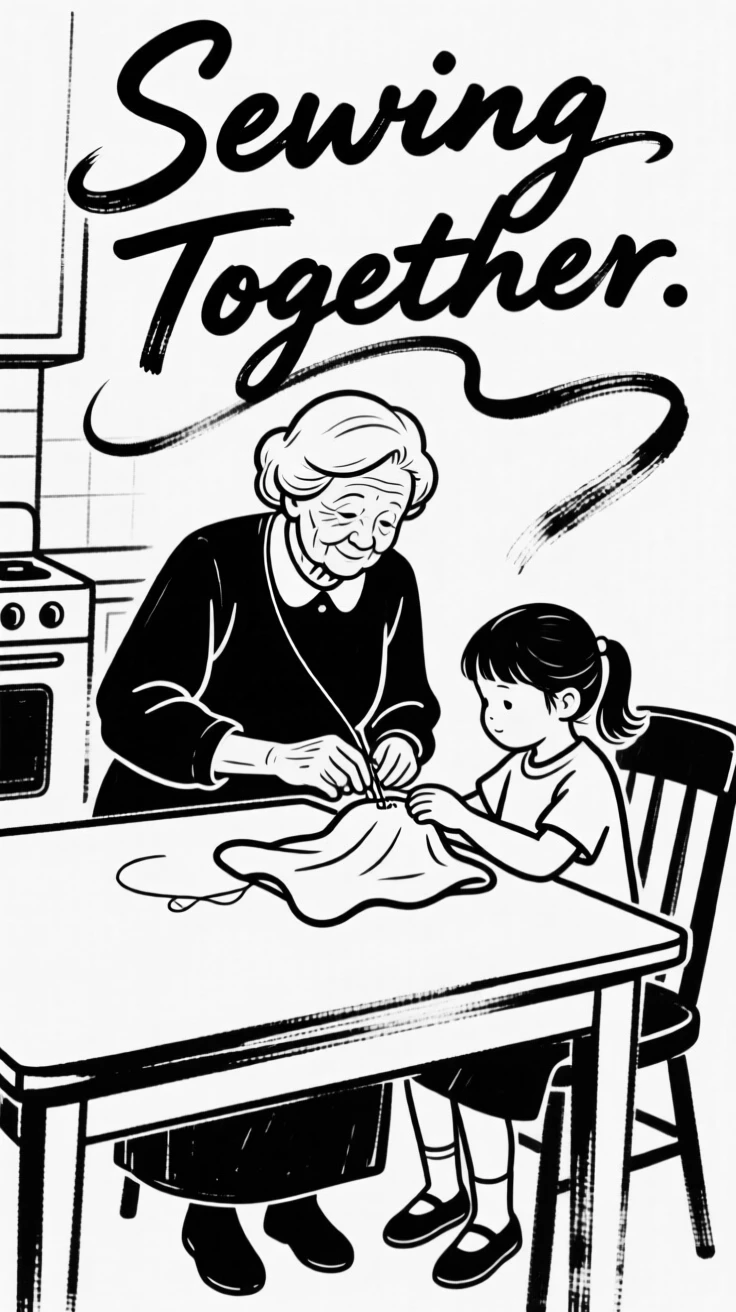 A grandmother teaching her grandchild to sew at a kitchen table.