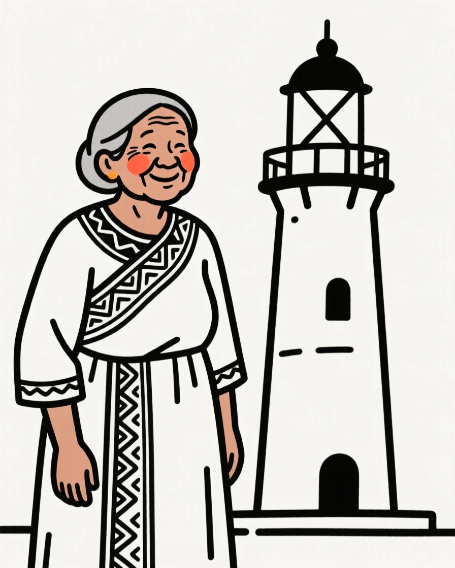 An elderly woman of Filipino heritage wearing an Ethiopian habesha dress, beaming with pride, beside an old lighthouse.