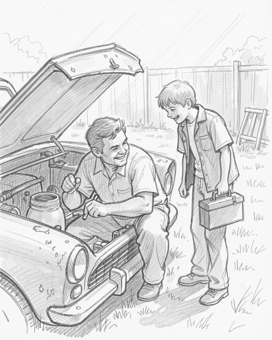 A father and son fixing an old car together, in a sunlit backyard, filled with warmth and laughter.
