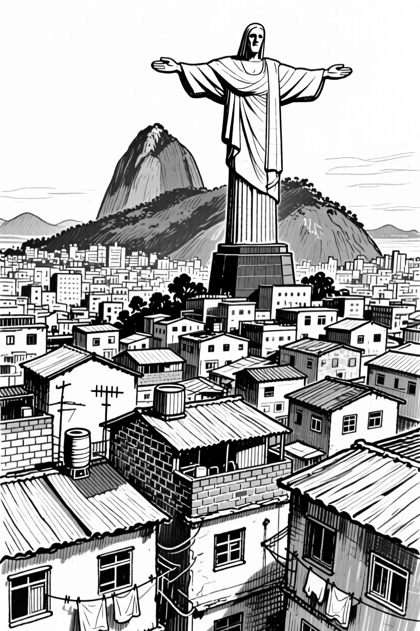 The colorful favela rooftops of Rio de Janeiro beneath a towering statue.