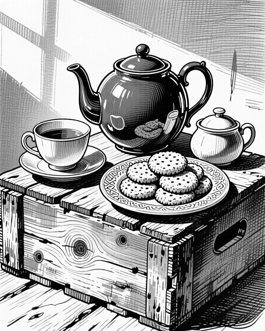 A tea set with a plate of biscuits arranged on a rustic wooden crate, with sunlight catching the glossy surface, presented in a rustic and homely culinary still life.
