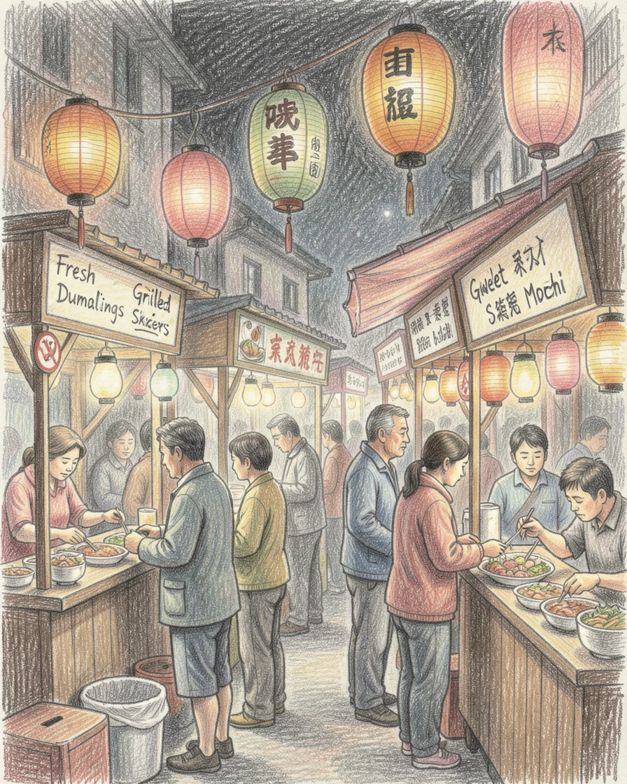 A lantern-lit night market bustling with food stalls and vendors, captured in a quiet, intimate moment full of atmosphere, capturing a quiet story that lingers with the viewer.