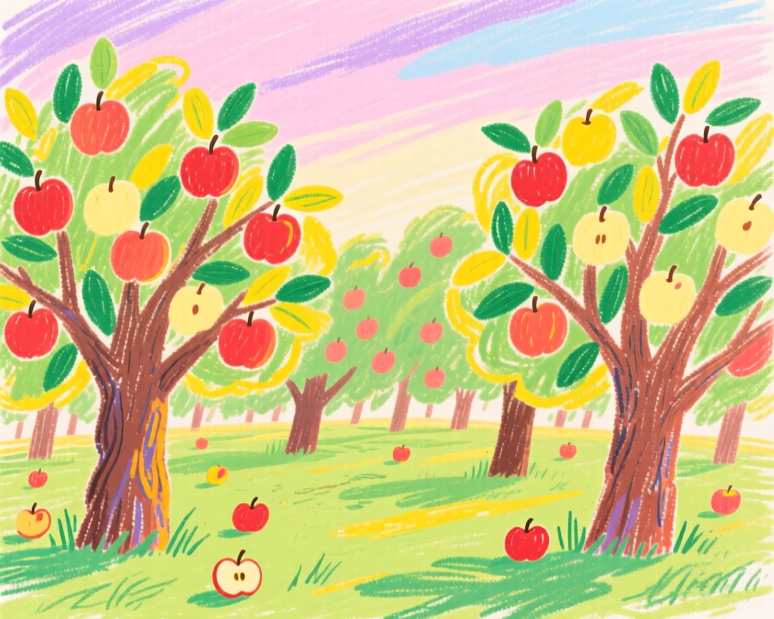 A view of a orchard heavy with ripe apples under a soft pastel morning sky.