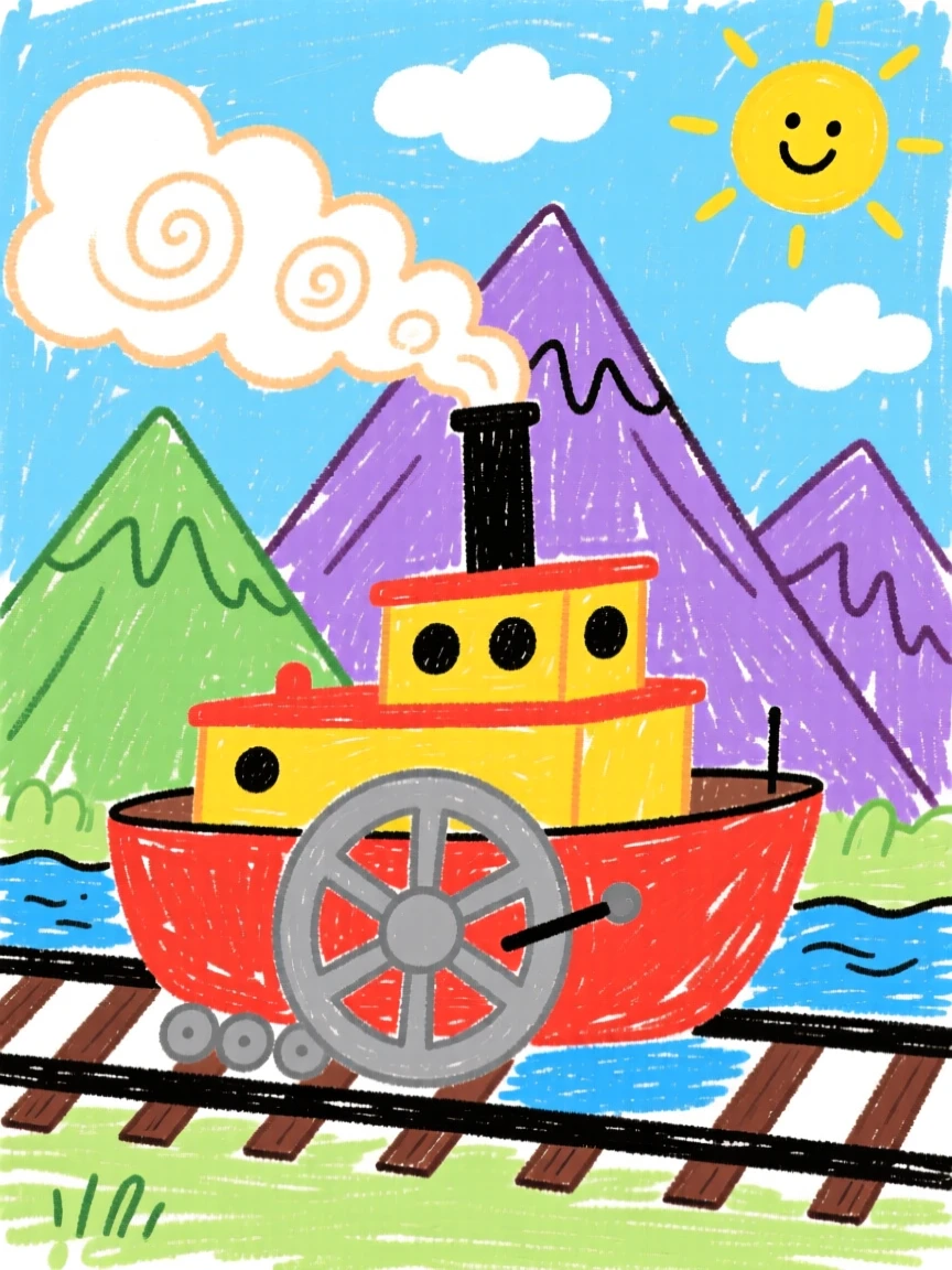 A paddle steamboat chugging along tracks beside a mountain range.